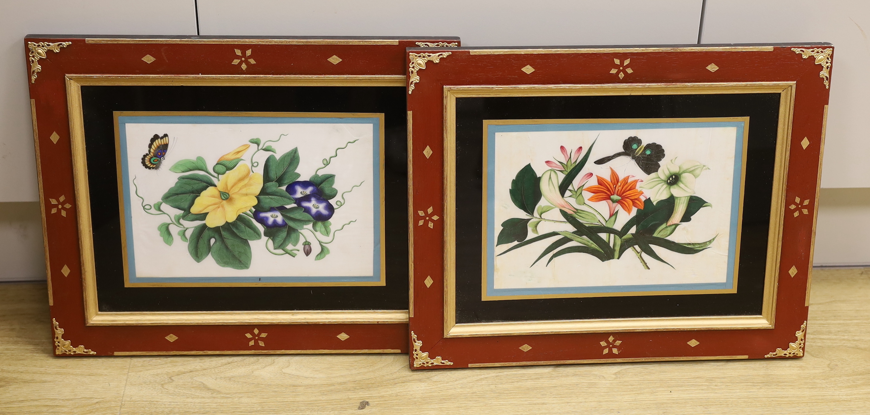 19th century Chinese school, pair of pith paper paintings, Still lifes of flowers, each 16.5 x 23cm, housed in decorative frames